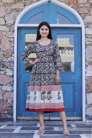 Black Hand Block Printed Long One Piece Dress