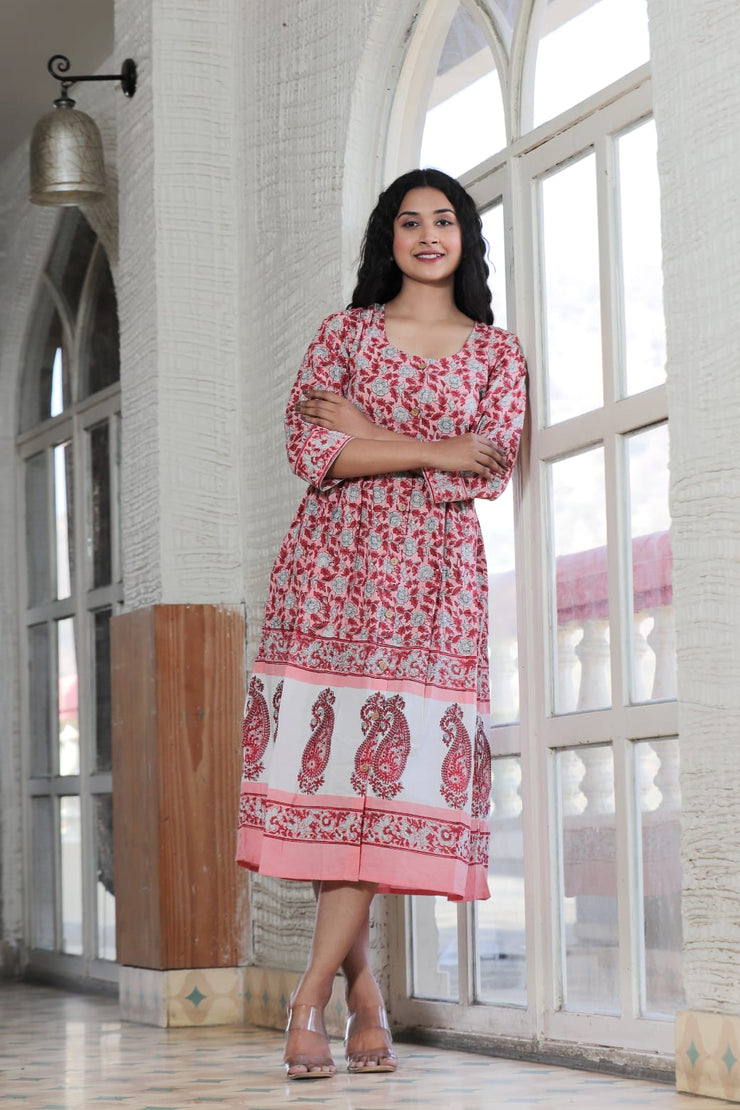 Brick Red Hand Block Printed Long One Piece Dress