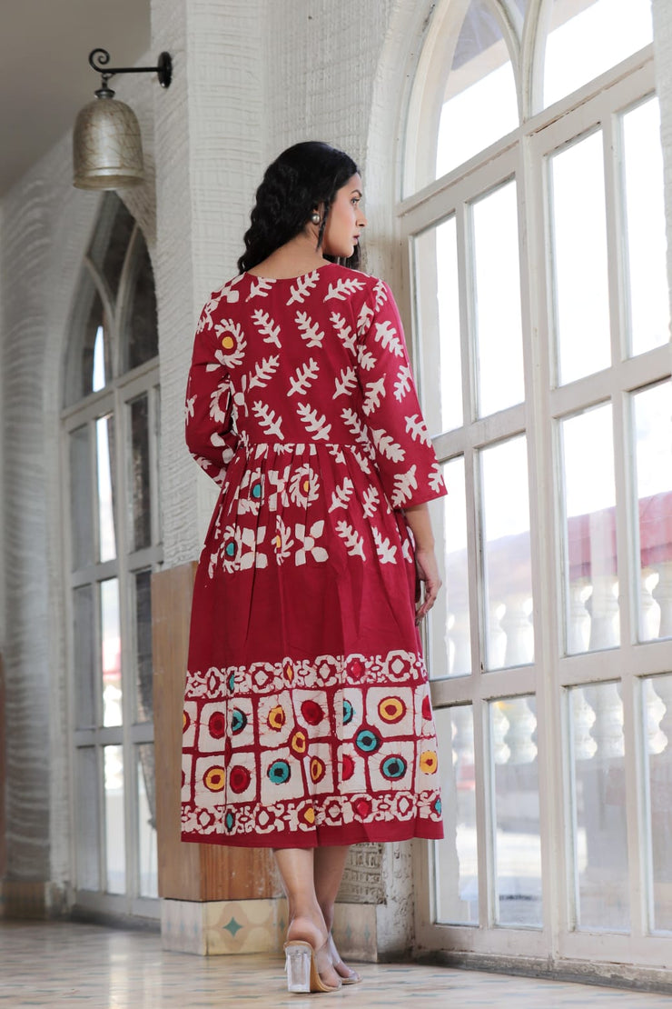 Red Hand Block Printed Long One Piece Dress