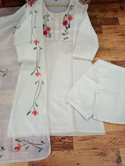 Off-white cotton schiffle chikankari suit set