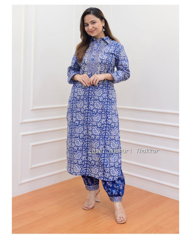 Straight kurta set with new style in saganeri block print