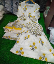 Block printed kurti with Gota lace and cotton printed sharara and malmal Dupatta