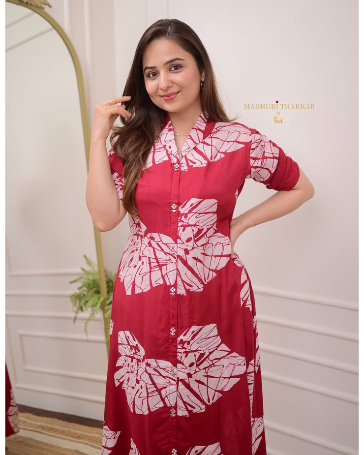 Ikkat Printed Premium cotton printed fir red flair dresses