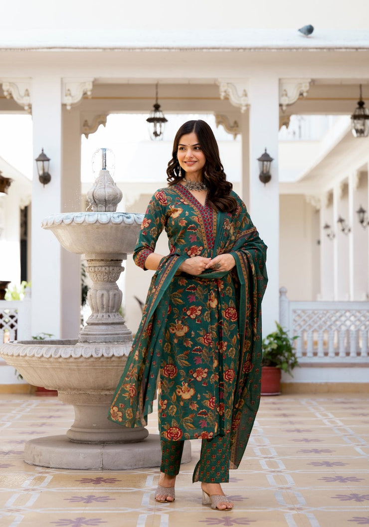 Charming Green Floral Print Suit Set