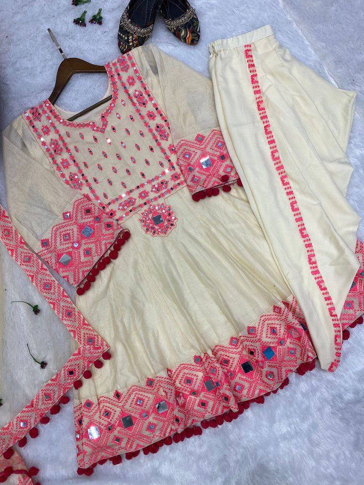 DESIGNER TOP EMBROIDERY REAL MIRROR WORK WITH DUPATTA AND DHOTI