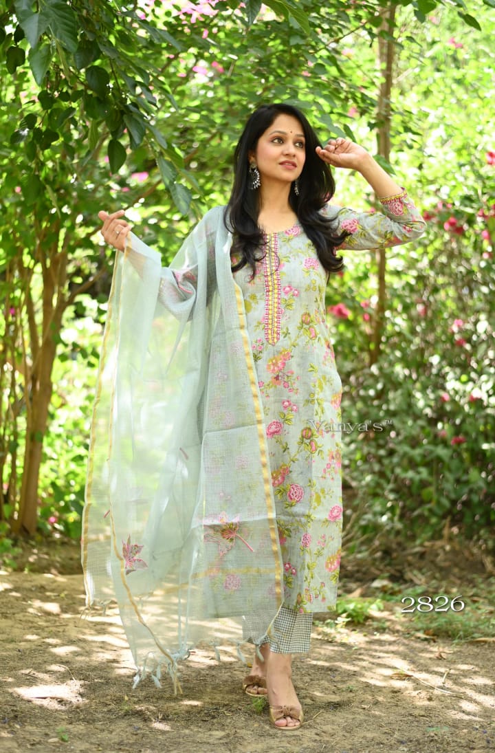 Floral print cotton kurta pant and kota Doria applique work Dupatta set