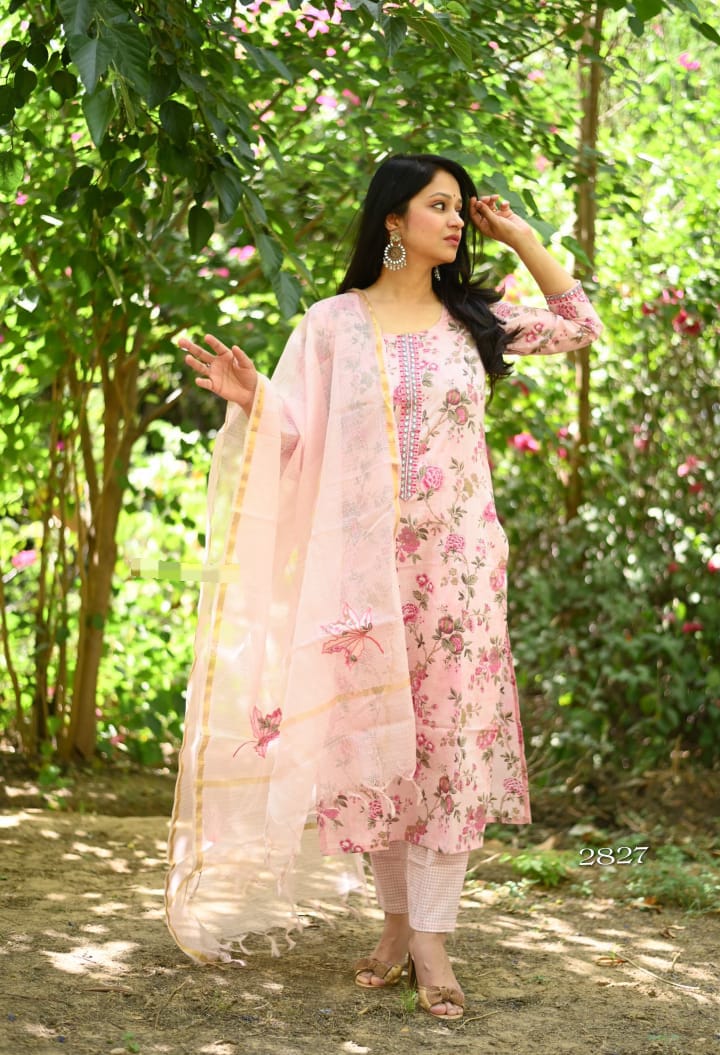 Floral print cotton kurta pant and kota Doria applique work Dupatta set