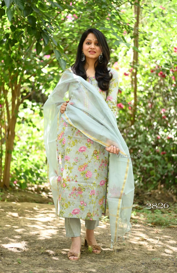 Floral print cotton kurta pant and kota Doria applique work Dupatta set