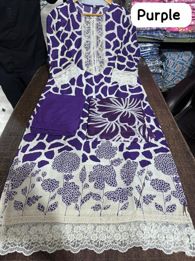 Pure fine Cotton fabric Kurti with Pant & Dupatta (4 Colors Available)