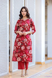 Beautiful Red Floral printed Suit Set