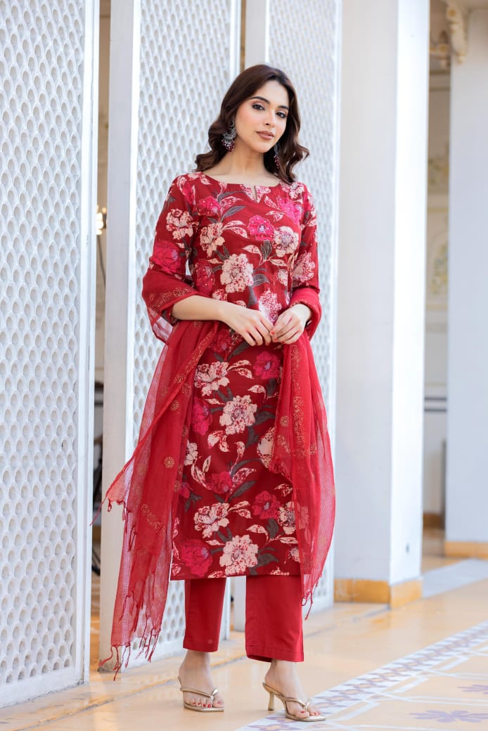 Beautiful Red Floral printed Suit Set