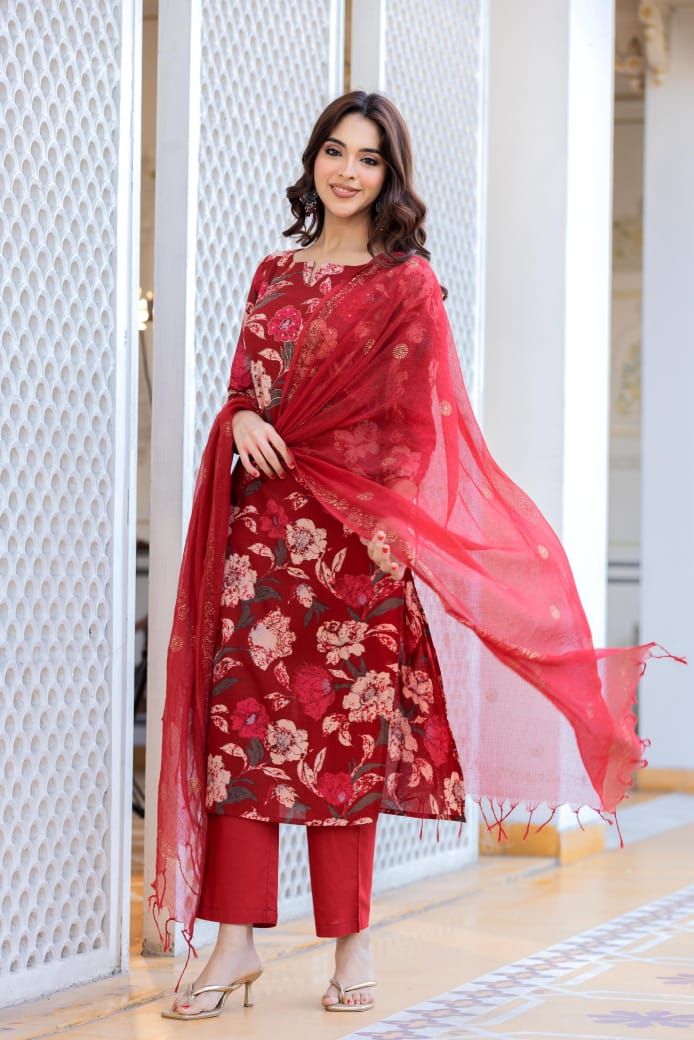 Beautiful Red Floral printed Suit Set