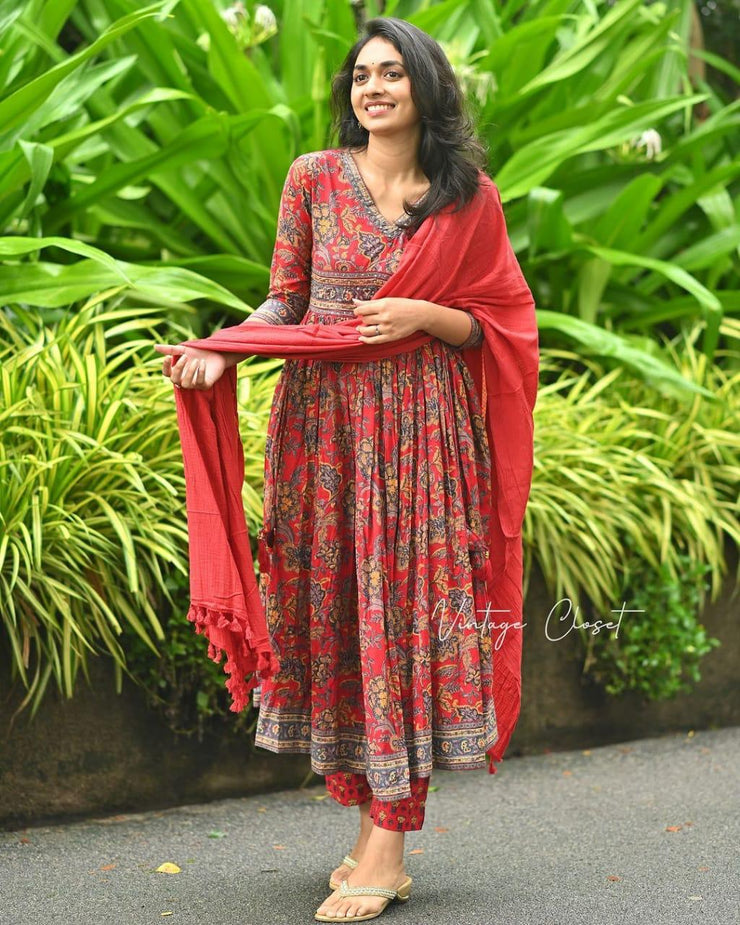 Stunning Red Sanganeri Anarkali Suit Set