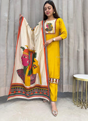 Egyptian traditional Mustard print silk three pieces suit