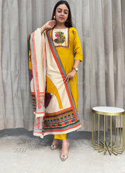 Egyptian traditional Mustard print silk three pieces suit