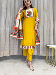 Egyptian traditional Mustard print silk three pieces suit