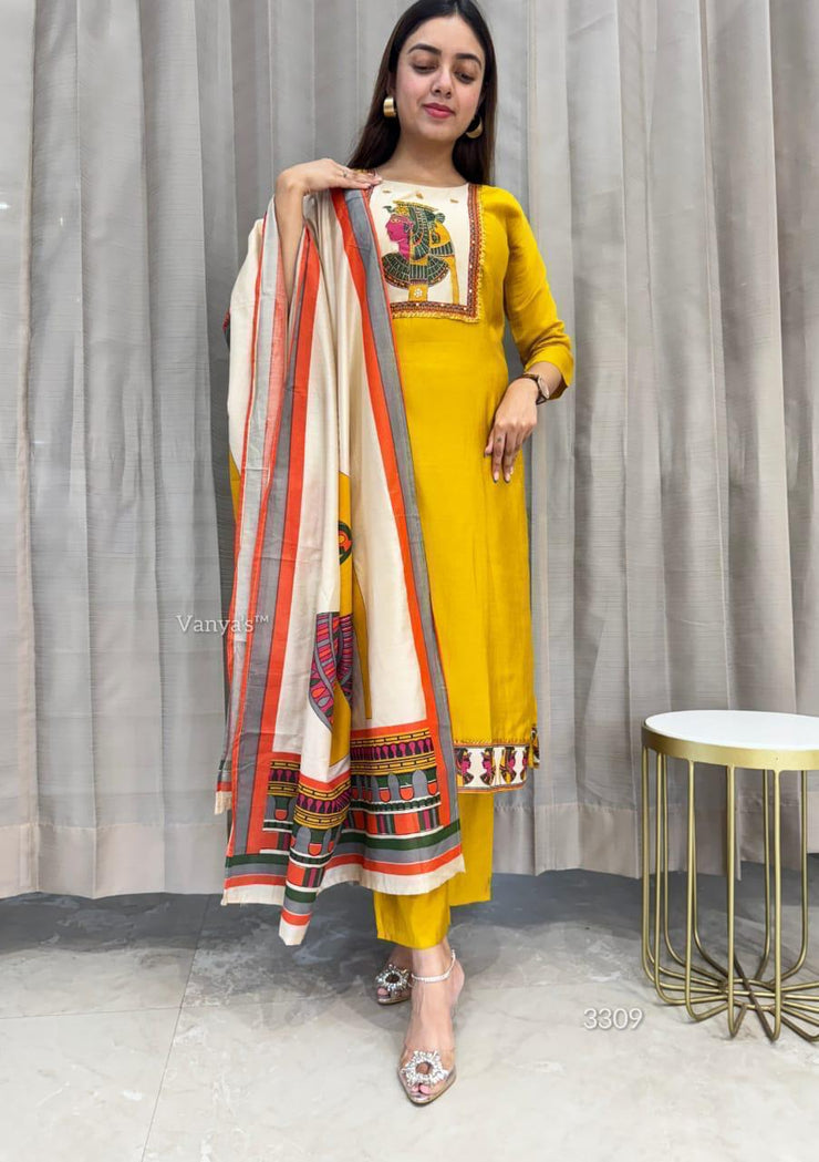 Egyptian traditional Mustard print silk three pieces suit