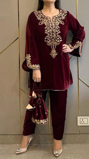 Beautiful Embroidery Mehroon Velvet 2 pcs set