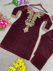 Beautiful Embroidery Mehroon Velvet 2 pcs set