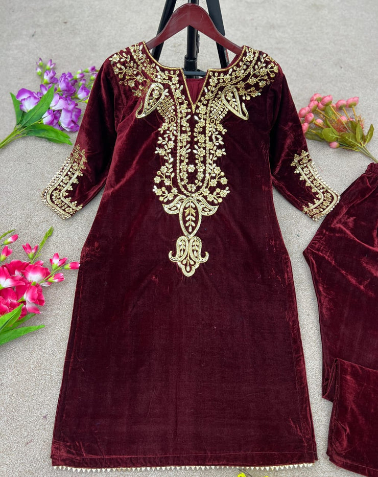 Beautiful Embroidery Mehroon Velvet 2 pcs set