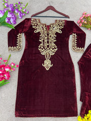 Beautiful Embroidery Mehroon Velvet 2 pcs set