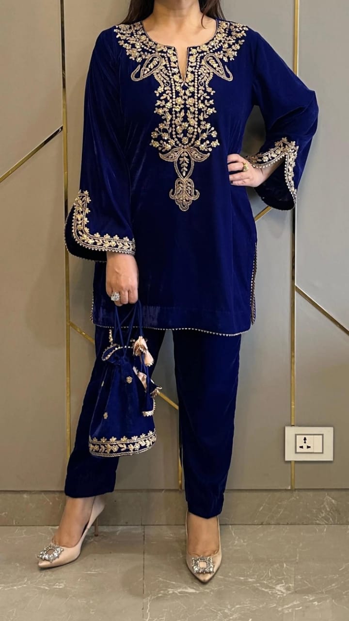 Beautiful Embroidery Blue Velvet 2 pcs set