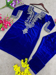 Beautiful Embroidery Blue Velvet 2 pcs set