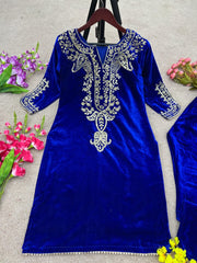 Beautiful Embroidery Blue Velvet 2 pcs set