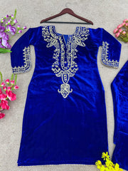 Beautiful Embroidery Blue Velvet 2 pcs set